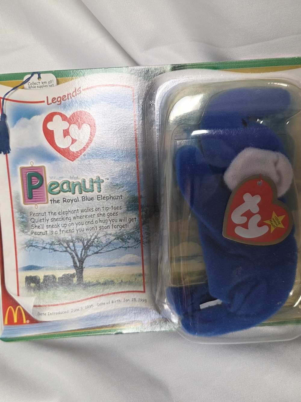Rare McDonald's Teenie Beanie Peanut The Royal Blue Elephant Org Package